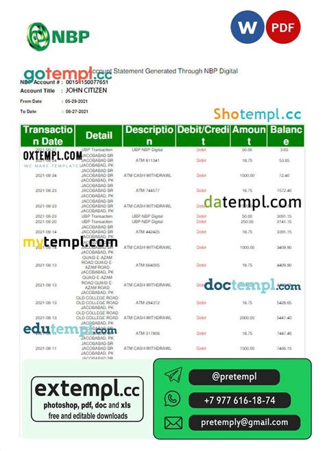 Example Pakistan Nbp Bank Statement Word And Pdf Template Extempl Cc