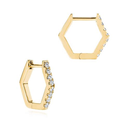 K Yellow Gold Diamond Geometric Hexagon Hoop Earrings