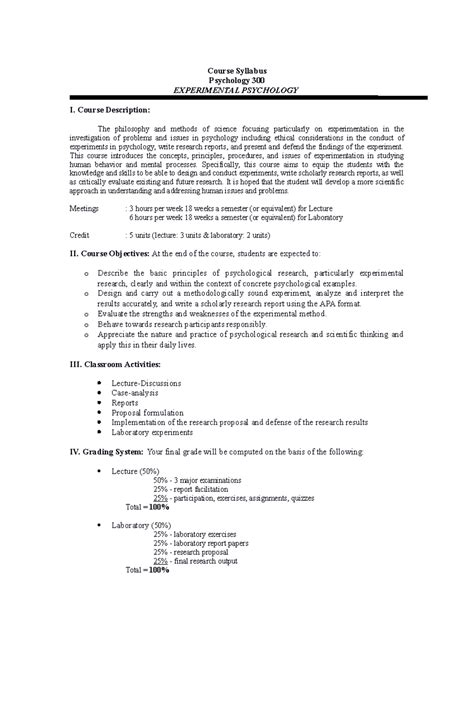 Psych 300 syllabus - Course outline - Course Syllabus Psychology 300
