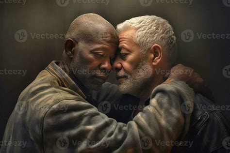 Two Happy Older Men Hugging Each Other One Black The Other Caucasian