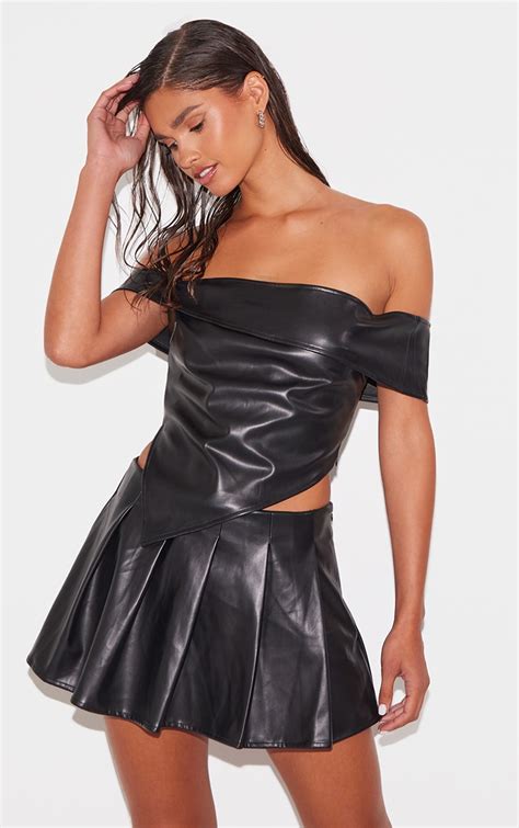 Black Faux Leather Off The Shoulder Top Co Ords Prettylittlething Ire