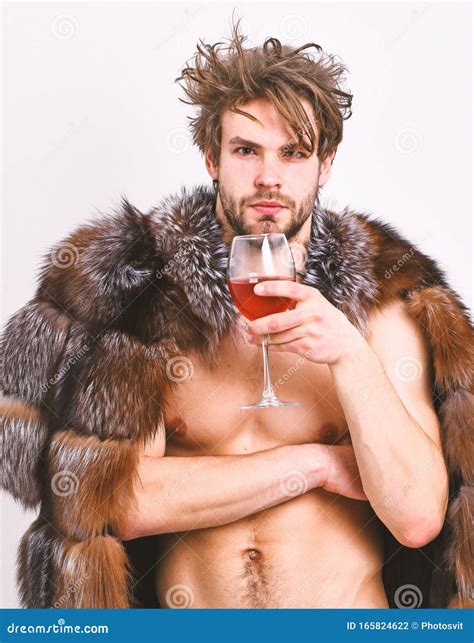Guy Attractive Rich Posing Fur Coat On Naked Body Rich Athlete Enjoy His Life Stock Photo
