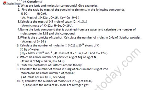 Cbse Class Science Atoms And Molecules Worksheet Set G