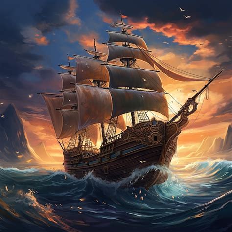 Premium Photo 3d Rendered Pirates Ship Sailing Through Sea Waves