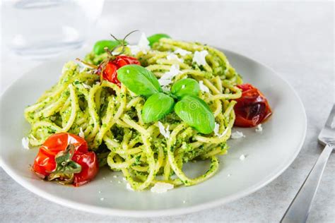 Spaghetti With Pesto Sauce Stock Photo Image Of Dish