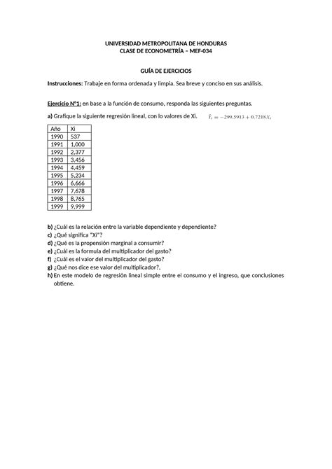 Tarea 1 Modelo Econometrico UNIVERSIDAD METROPOLITANA DE HONDURAS