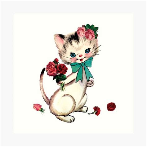 Flirty Cat Holding Rose Bouquet Wearing Roses And Bow Art Print By