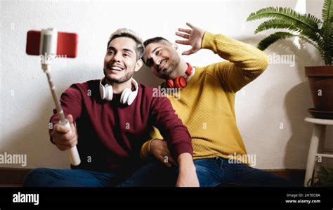 Gay Couple Streaming Online On Social Media With Mobile Phone Lgbt