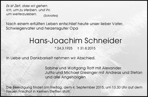 Traueranzeigen Von Hans Joachim Schneider Zvw Trauer