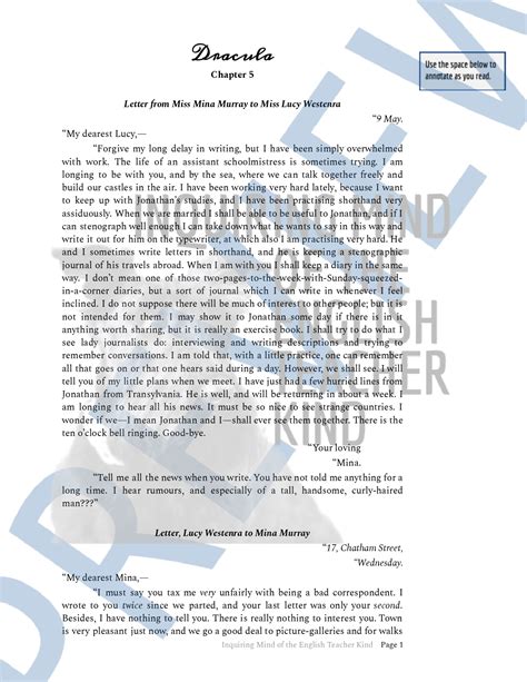 Dracula Chapter 5 Close Reading Analysis Worksheet and Answer Key