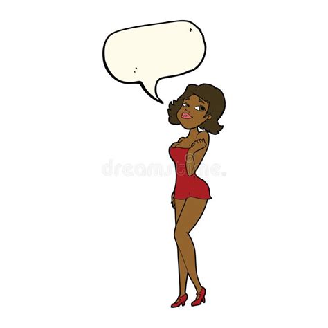 Cartoon Attractive Woman In Short Dress With Speech Bubble Stock