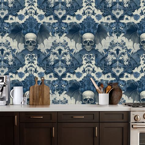 Gothic Peel and Stick Wallpaper Dark Gothic Floral Design Bats Skull