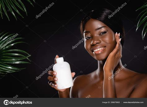 African American Naked Woman Holding Bottle Lotion Green Palm Leaves Stock Photo Image By