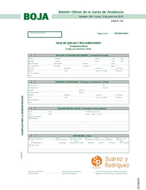 Hojas de quejas y reclamaciones Andalucia Suárez y Rodríguez Asesores