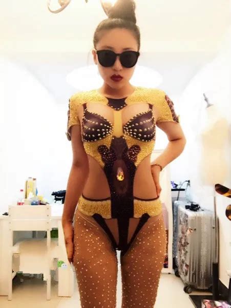 Women Sexy Nude Gold Rhinestones Bodysuit Shining Leggings One Piece Party Big Stretch Costume