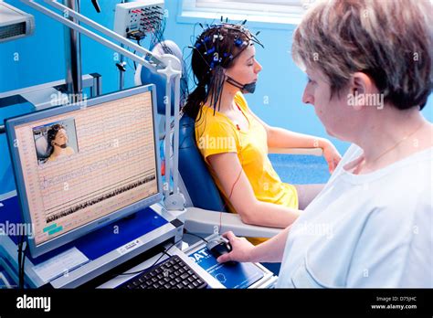 Woman Undergoing Electroencephalogram Eeg Hi Res Stock Photography