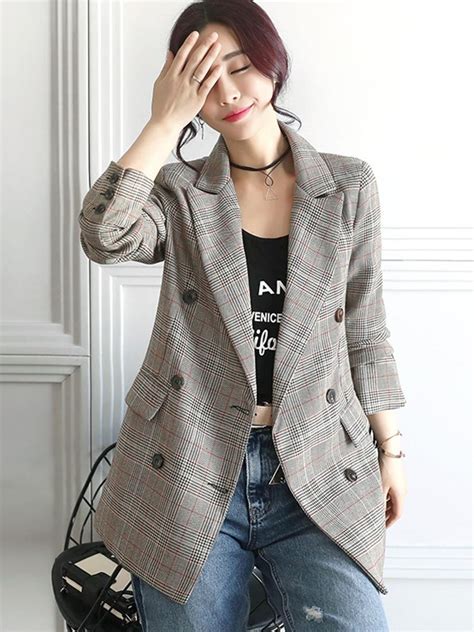 Ericdress Plaid Double Breasted Mid Length Blazer Blazer Plaid