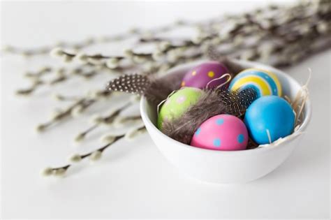 Premium Photo Colored Easter Eggs And Pussy Willow Branches