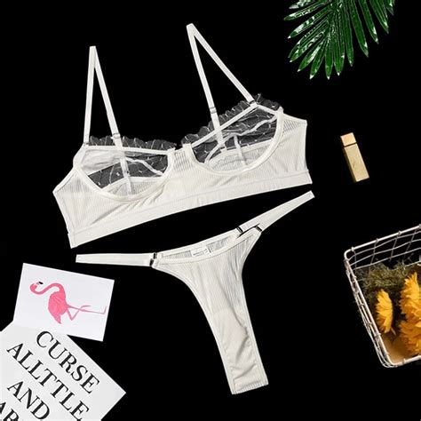 Uaang Summer Fashion Sexy Lingerie Set Women Lace Transparent Push Up Bra Briefs Set Black Crop