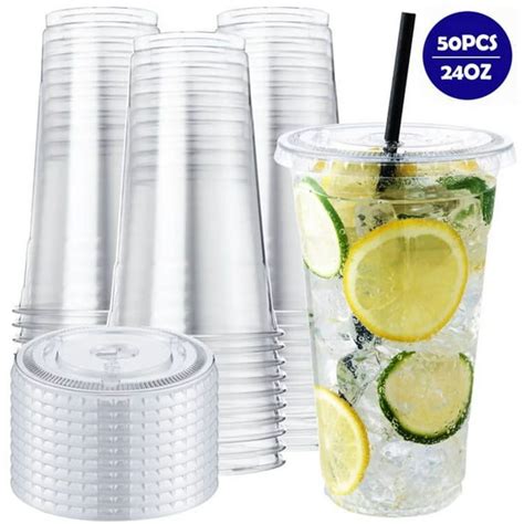 BagDream 50 Pack 24 oz Clear Plastic Cups with Lids, Disposable Clear ...