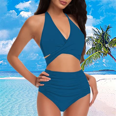Dorinao Womens Bathing Suits Modest High Waisted Bikini Sets Cute Piece Swim Suit Blue