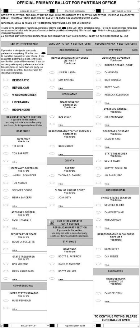 Primary Election Sample Ballot For Douglas County Wisconsin Sept