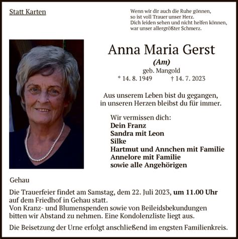 Traueranzeigen Von Anna Maria Gerst Trauer Hersfelder Zeitung De