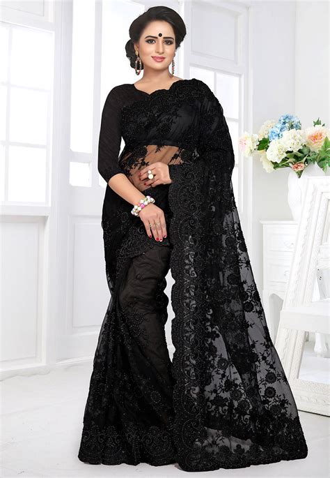 Buy Embroidered Net Saree In Black Online SYUA204 Utsav Fashion