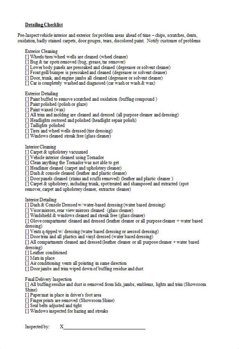 √ Printable Auto Detailing Checklist Template
