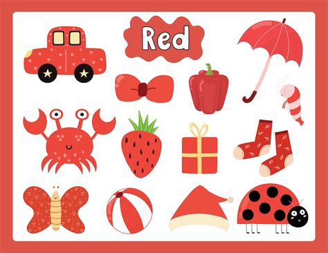 set  red color objects primary colors flashcard  red elements