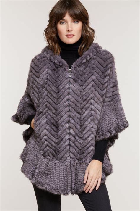 Bettina Hooded Zip Front Herringbone Knitted Mink Fur Poncho Poncho