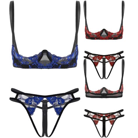 Factory Price Sexy Lingerie Set Floral Lace Open Cup Push Up Bra Crotchless Briefs Sexy Lingerie