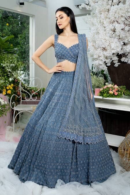 Buy Blue Silk Organza Embellishment Bugle Embroidered Bridal Lehenga