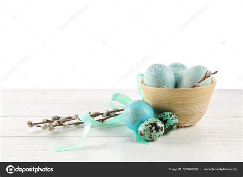 Bowl Painted Easter Eggs Pussy Willow Table White Background Stock Photo Serezniy