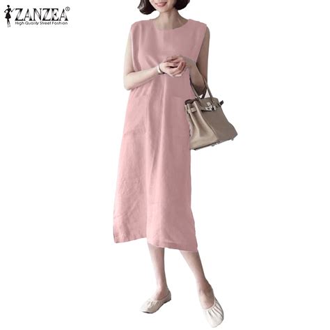 ZANZEA Women S Causal With Pocket Round Neck Sleeveless Loose Dress