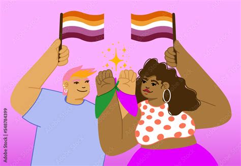 Persona No Binaria Y Una Mujer Latina Levantando La Bandera L Sbica Con Un Pa Uelo Verde Y Un