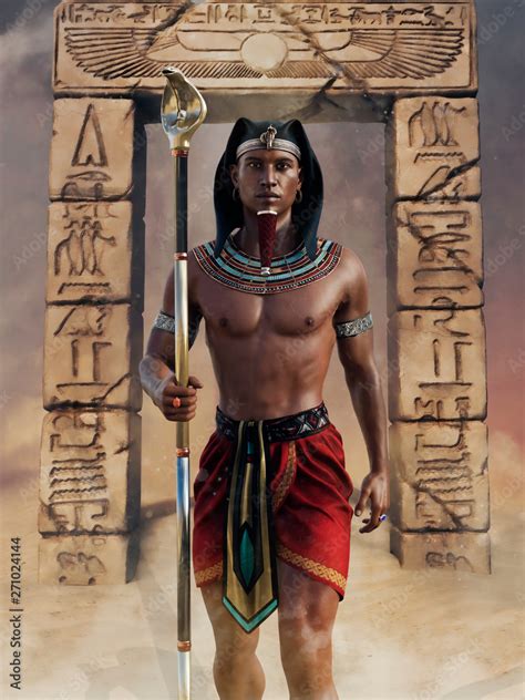 Ancient Egyptian Priest With A Cobra Staff Standing In Front Of An Arch