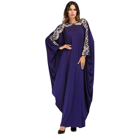 Women Muslim Abaya Dress Fashion Sequin Applique Batwing Sleeve Long