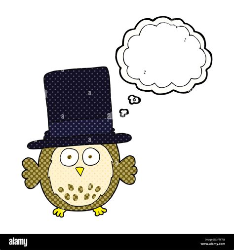 Freehand Drawn Thought Bubble Cartoon Owl Wearing Top Hat Stock Vector