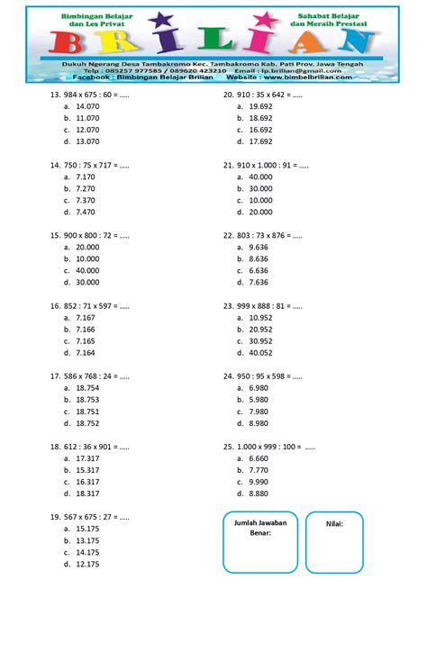 Soal Perkalian dan Pembagian Campuran Level 6 A Kelas 6 SD – Bimbel Brilian