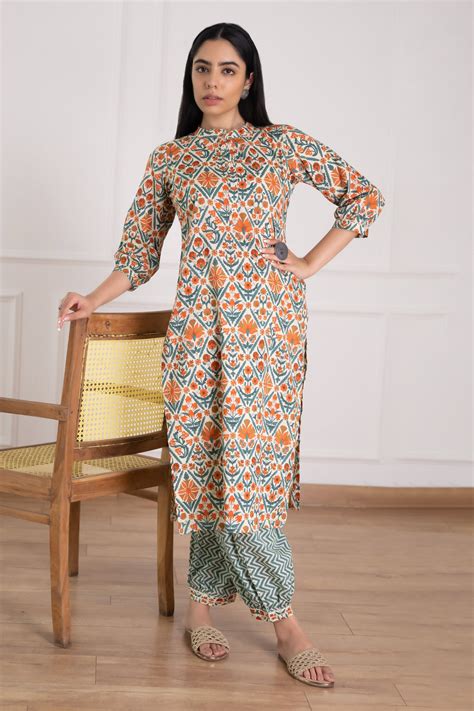 Buy Multi Color Cotton Printed Floral Band Collar Geometric Kurta And