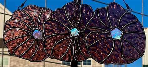 Stained Glass Trio Of Hollyhock Flowers Made Made Of A Mauve Red Wissmach English Muffle Glass