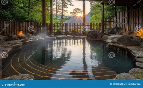 AI Generated Onsen Traditional Japanese Hot Prings Outdoor Landscape Calm Stock Illustration