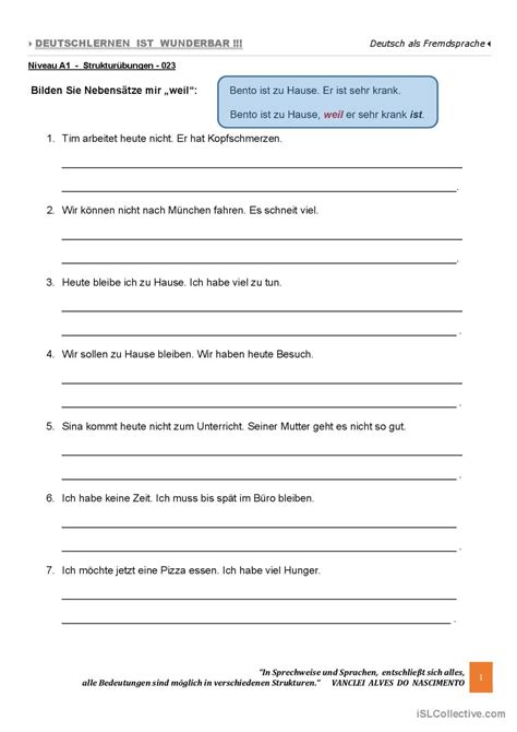 A1 Nebensätze mit WEIL sätze umfor Deutsch DAF Arbeitsblätter pdf doc