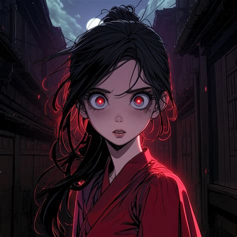 Anime Girl With Red Eyes In A Dark Alley With A Full Moon Generative Ai