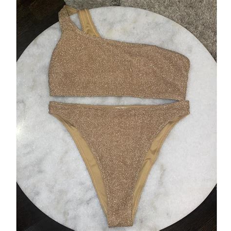 Sparkly Gold Bikini With One Strap Top Womens Size Depop