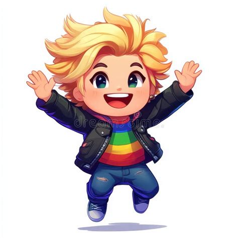 Cheerful Chibi Character With Blonde Hair Jumping In Joy Stock Illustration Illustration Of