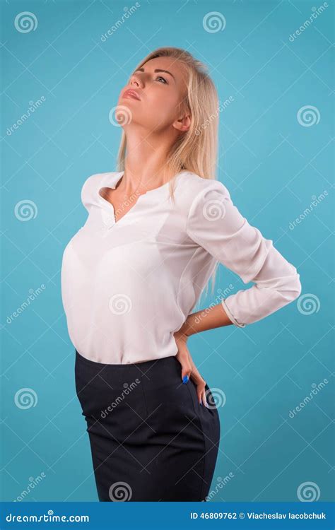 Lovely Blonde Wearing White Blouse Stock Photo Image Of Enthusiastic Deal 46809762