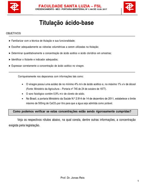 Roteiro Aula Prática Titulação Determinação Da Concentração De Ácido