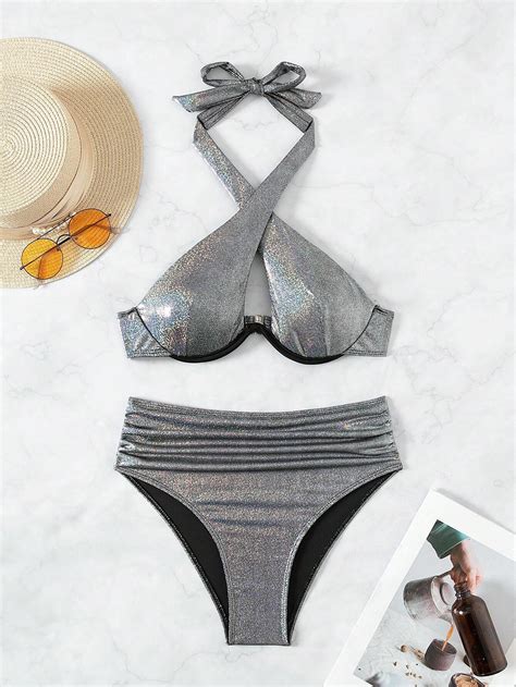 Conjunto De Bikini De Cuello Halter Con Textura Met Lica Para Mujer Festival De M Sica Moda